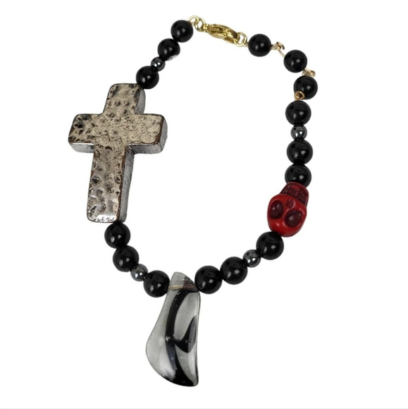 14K Gold Plated Natural Tourmaline Beads Black Metal Cross Red Skull - Picture 1 of 6